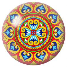 Cabochon en Verre Illustré Mandala Rouge, Jaune et Bleu 12 à 25mm pour la Création de Bijoux Fantaisie - DIY