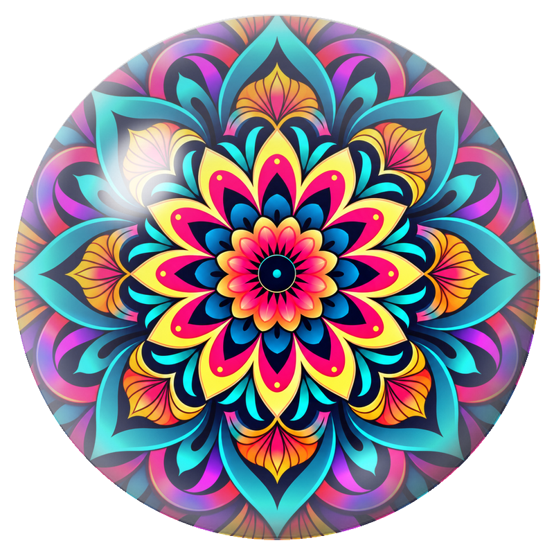 Cabochon en Verre Illustré Mandala Turquoise, Fuchsia et Jaune 12 à 25mm pour la Création de Bijoux Fantaisie - DIY