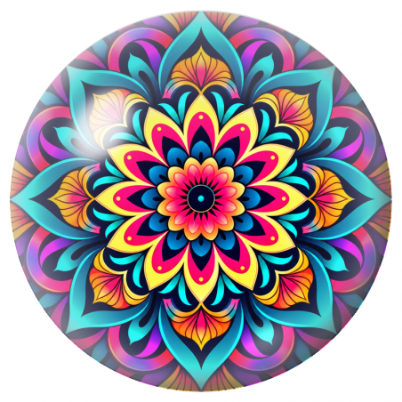 Cabochon en Verre Illustré Mandala Turquoise, Fuchsia et Jaune 12 à 25mm