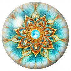 Cabochon en Verre Illustré Mandala Turquoise, Or et Blanc 12 à 25mm pour la Création de Bijoux Fantaisie - DIY