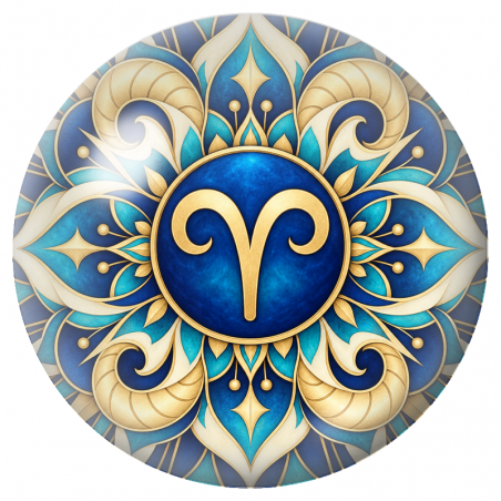 Cabochon en Verre Illustré Mandala Signe Astrologique Bélier Bleu et Or 12 à 25mm