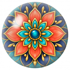Cabochon en Verre Illustré Mandala Bleu, Corail et Or 12 à 25mm pour la Création de Bijoux Fantaisie - DIY