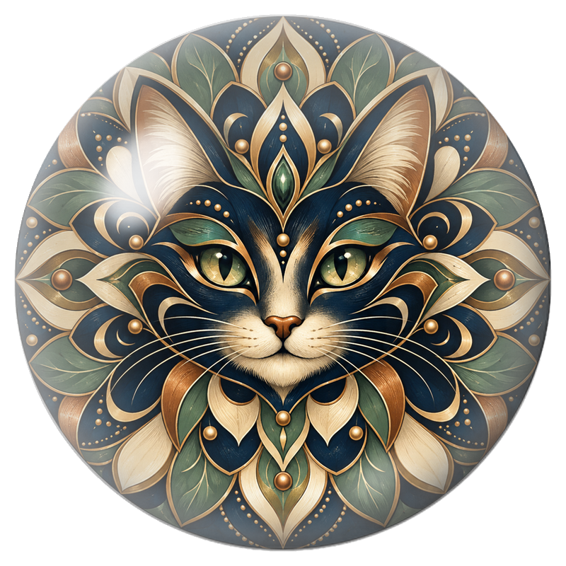 Cabochon en Verre Illustré Mandala Chat Vert, Bleu et Or 12 à 25mm pour la Création de Bijoux Fantaisie - DIY