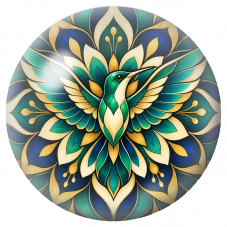 Cabochon en Verre Illustré Mandala Colibri Vert, Bleu et Or 12 à 25mm pour la Création de Bijoux Fantaisie - DIY