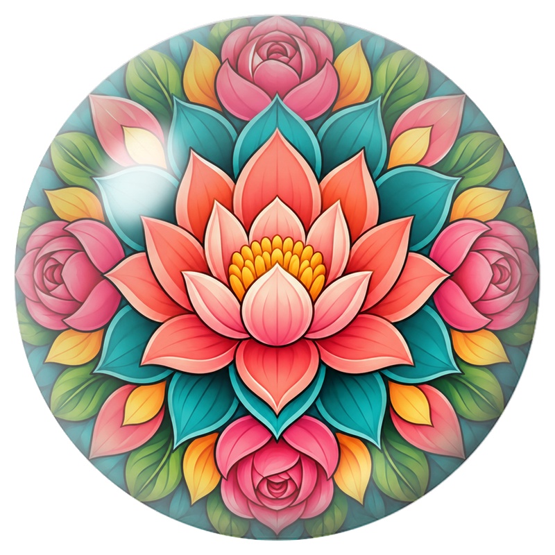 Cabochon en Verre Illustré Mandala Fleurs Roses et Turquoise 12 à 25mm pour la Création de Bijoux Fantaisie - DIY