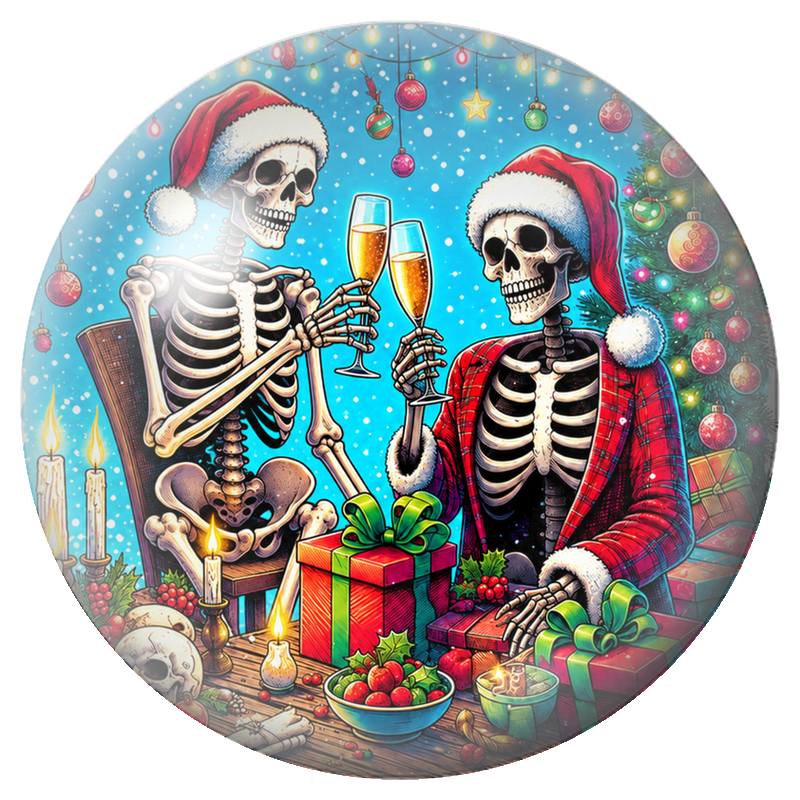 Cabochon en Verre Illustré Couple de Squelettes de Noël au Champagne et aux Cadeaux 13x18, 18x25 ou 30x40mm