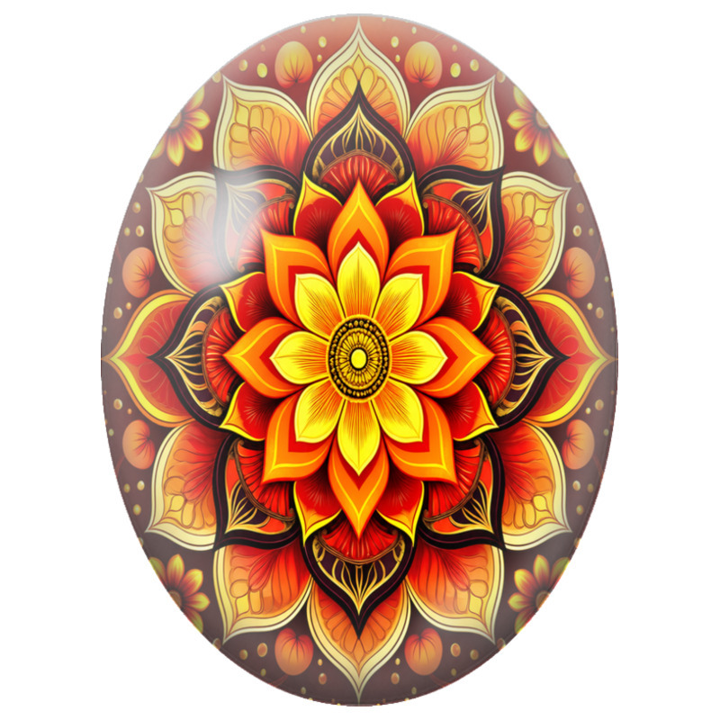 Cabochon en Verre Illustré Mandala Floral Rouge, Orange et Or 13x18, 18x25 ou 30x40mm
