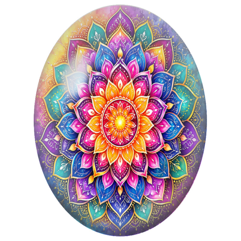 Cabochon en Verre Illustré Mandala Floral Multicolore aux Arabesques 13x18, 18x25 ou 30x40mm