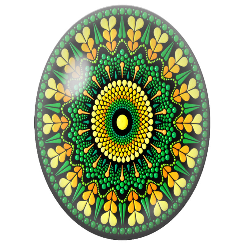 Cabochon en Verre Illustré Mandala Floral Vert, Jaune et Noir 13x18, 18x25 ou 30x40mm