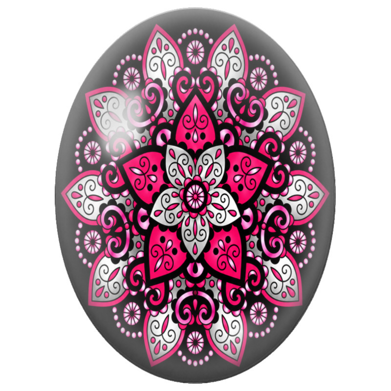 Cabochon en Verre Illustré Mandala Floral Rose, Noir et Blanc 13x18, 18x25 ou 30x40mm