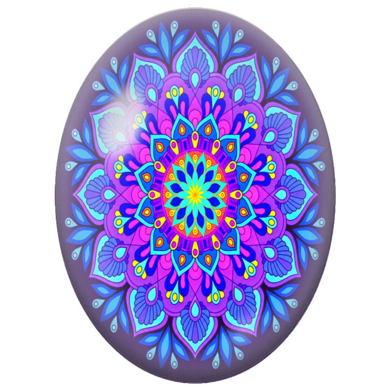 Cabochon en Verre Illustré Mandala Floral Violet et Bleu 13x18, 18x25 ou 30x40mm