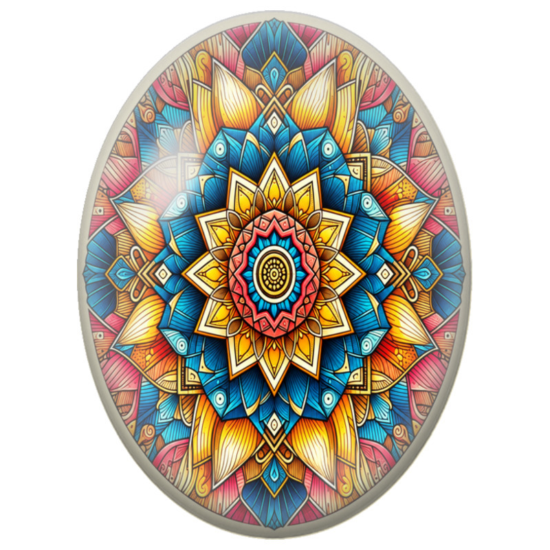 Cabochon en Verre Illustré Mandala Oriental Bleu, Orange et Or 13x18, 18x25 ou 30x40mm
