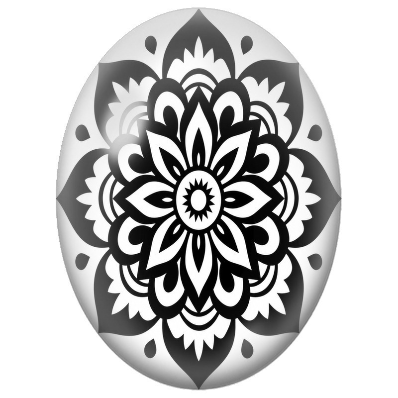Cabochon en Verre Illustré Mandala Floral Noir et Blanc 13x18, 18x25 ou 30x40mm