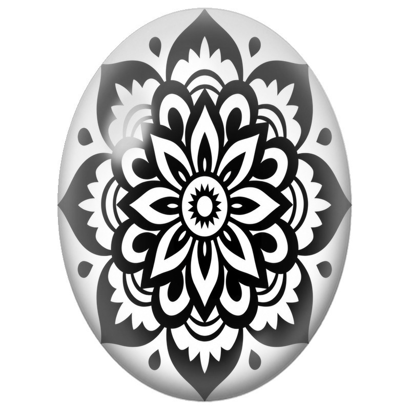 Cabochon en Verre Illustré Mandala Graphique Noir et Blanc 13x18, 18x25 ou 30x40mm
