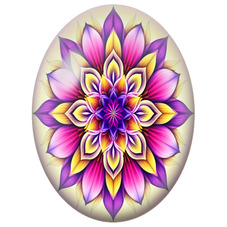 Cabochon en Verre Illustré Mandala Floral Violet, Rose et Jaune pour la Création de Bijoux Fantaisie - DIY