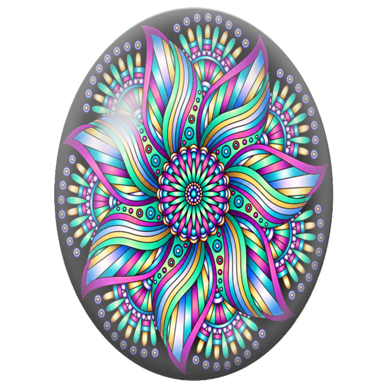 Cabochon en Verre Illustré Mandala Floral Multicolore sur Fond Noir 13x18, 18x25 ou 30x40mm