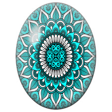 Cabochon en Verre Illustré Mandala Floral Turquoise, Noir et Blanc pour la Création de Bijoux Fantaisie - DIY