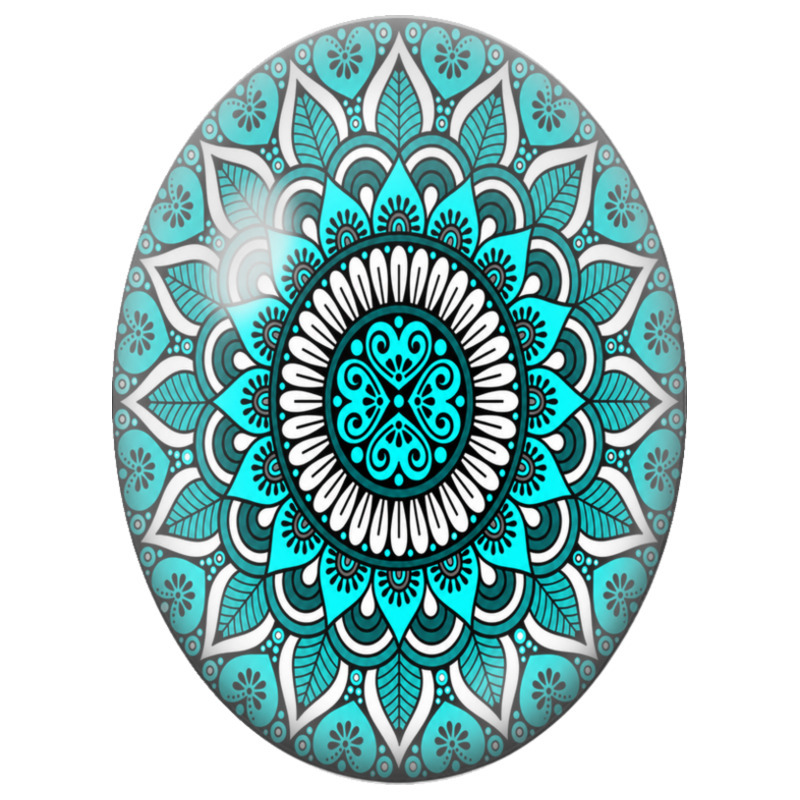 Cabochon en Verre Illustré Mandala Floral Turquoise, Noir et Blanc 13x18, 18x25 ou 30x40mm