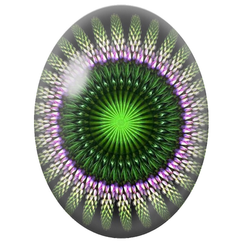 Cabochon en Verre Illustré Mandala Floral Vert et Violet sur Fond Noir 13x18, 18x25 ou 30x40mm