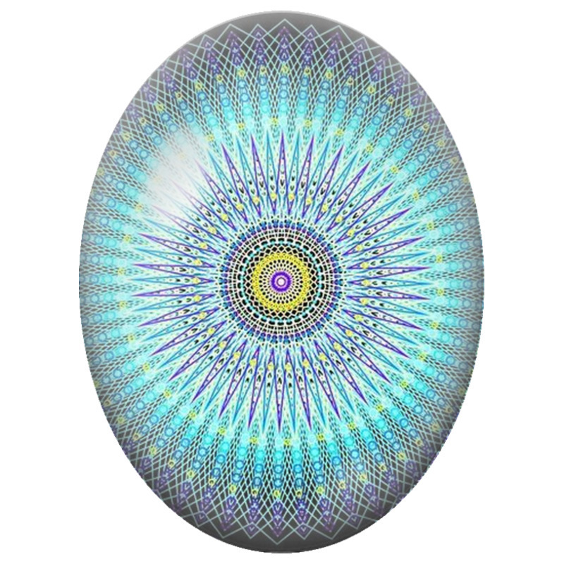Cabochon en Verre Illustré Mandala Géométrique Bleu et Violet sur Fond Noir 13x18, 18x25 ou 30x40mm