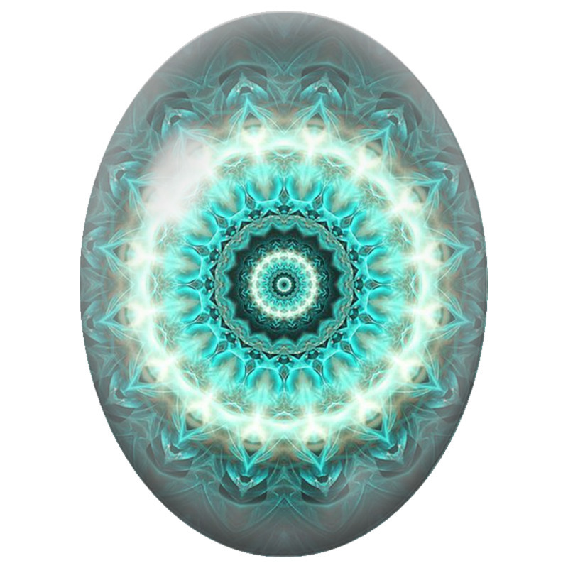 Cabochon en Verre Illustré Mandala Lumineux Turquoise et Blanc sur Fond Sombre 13x18, 18x25 ou 30x40mm