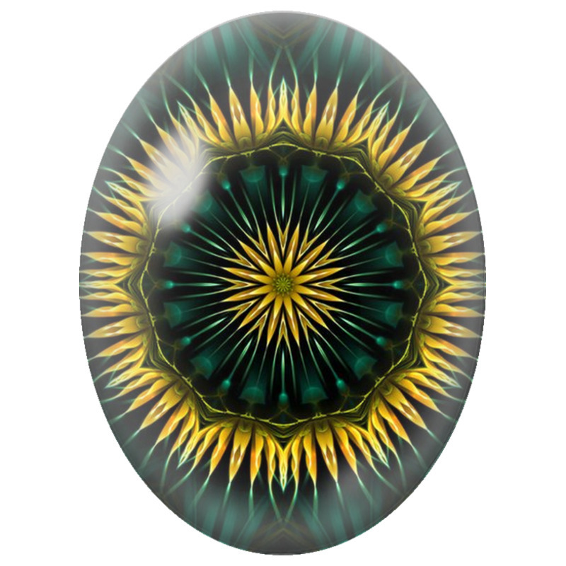 Cabochon en Verre Illustré Mandala Solaire Vert et Or sur Fond Noir 13x18, 18x25 ou 30x40mm