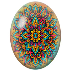 Cabochon en Verre Illustré Mandala Floral Turquoise, Rose et Orange pour la Création de Bijoux Fantaisie - DIY