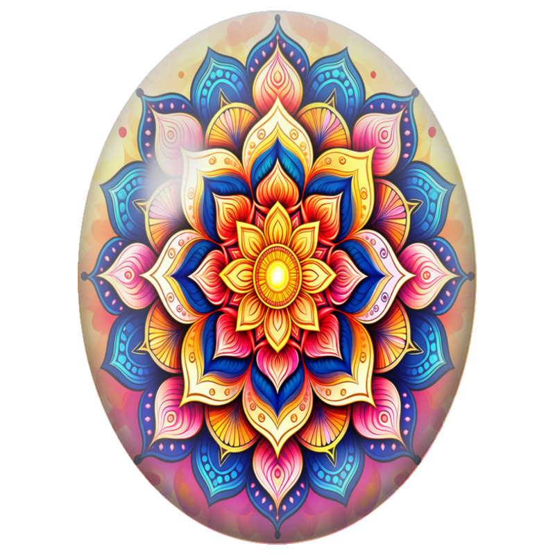 Cabochon en Verre Illustré Mandala Floral Bleu, Rose et Orange 13x18, 18x25 ou 30x40mm