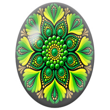 Cabochon en Verre Illustré Mandala Floral Vert et Jaune sur Fond Noir pour la Création de Bijoux Fantaisie - DIY