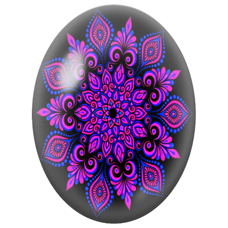 Cabochon en Verre Illustré Mandala Floral Rose et Bleu sur Fond Noir 13x18, 18x25 ou 30x40mm