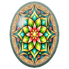 Cabochon en Verre Illustré Mandala Lotus Vert, Rose et Or pour la Création de Bijoux Fantaisie - DIY