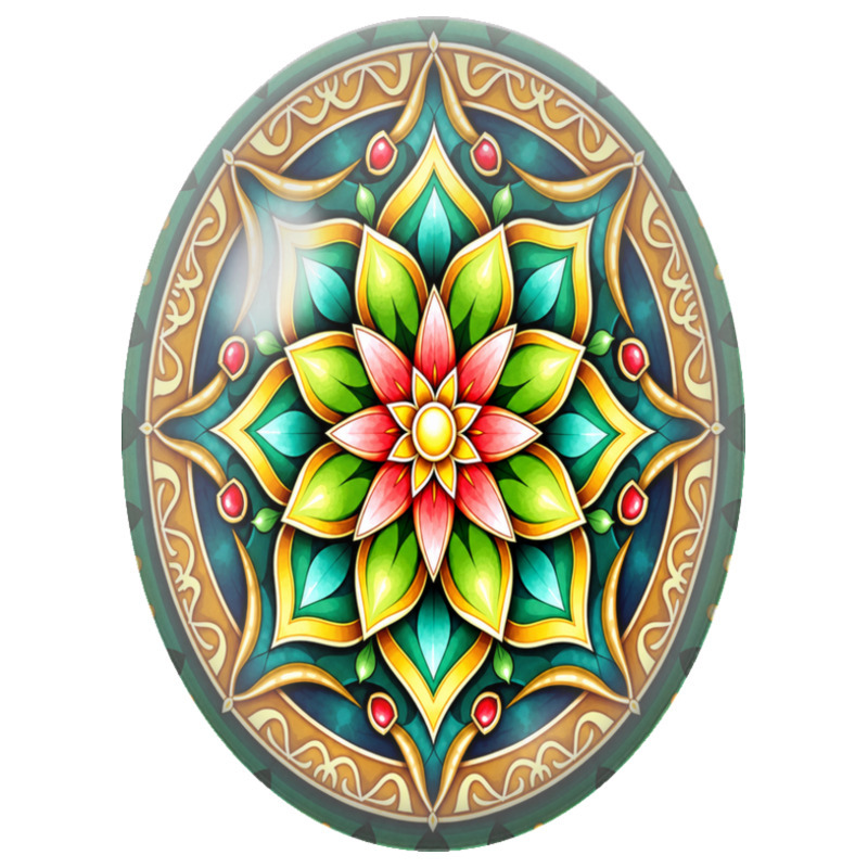 Cabochon en Verre Illustré Mandala Lotus Vert, Rose et Or 13x18, 18x25 ou 30x40mm