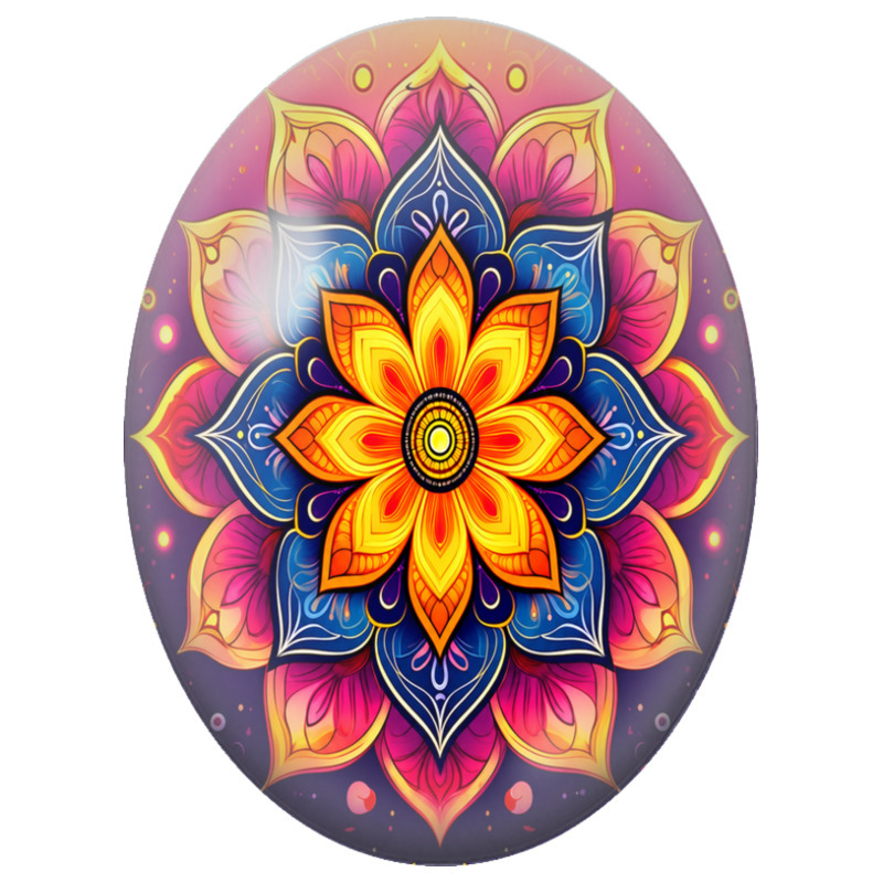 Cabochon en Verre Illustré Mandala Floral Orange, Rose et Bleu 13x18, 18x25 ou 30x40mm
