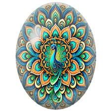 Cabochon en Verre Illustré Mandala Paon Bleu, Vert et Or pour la Création de Bijoux Fantaisie - DIY
