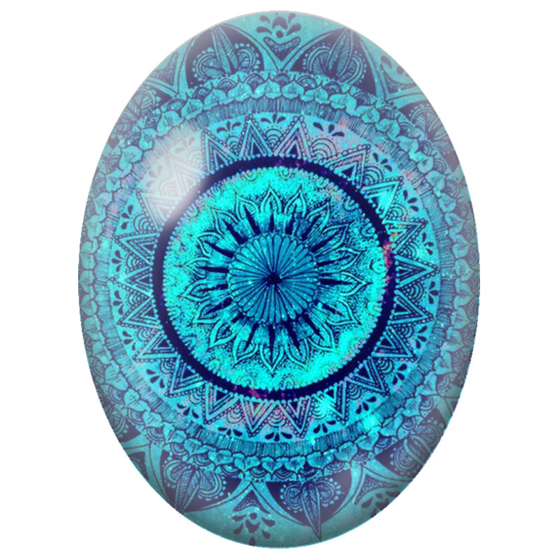 Cabochon en Verre Illustré Mandala Oriental Bleu Turquoise 13x18, 18x25 ou 30x40mm