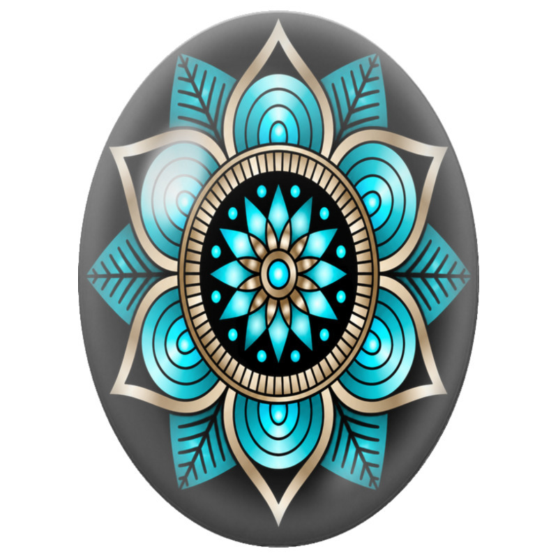 Cabochon en Verre Illustré Mandala Floral Turquoise et Ivoire sur Fond Noir 13x18, 18x25 ou 30x40mm