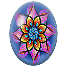 Cabochon en Verre Illustré Mandala Floral Multicolore sur Fond Bleu pour la Création de Bijoux Fantaisie - DIY