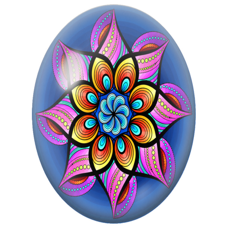Cabochon en Verre Illustré Mandala Floral Multicolore sur Fond Bleu 13x18, 18x25 ou 30x40mm