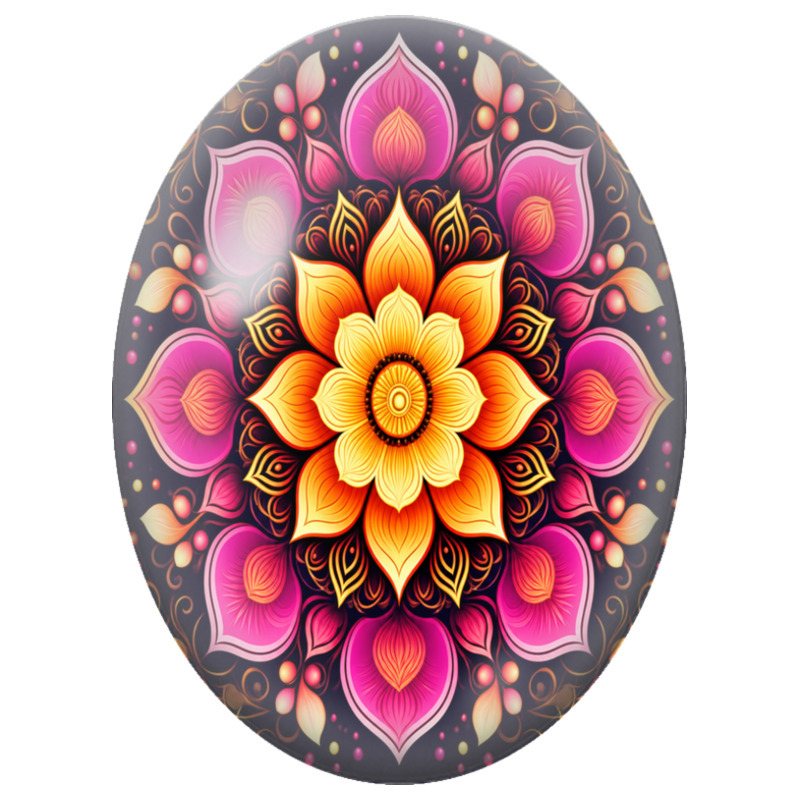 Cabochon en Verre Illustré Mandala Floral Rose et Orange sur Fond Noir 13x18, 18x25 ou 30x40mm