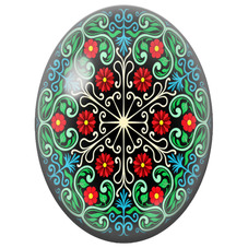 Cabochon en Verre Illustré Mandala Floral Rouge, Vert et Bleu sur Fond Noir pour la Création de Bijoux Fantaisie - DIY