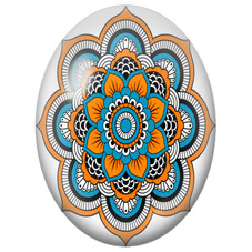 Cabochon en Verre Illustré Mandala Floral Orange, Bleu et Noir pour la Création de Bijoux Fantaisie - DIY