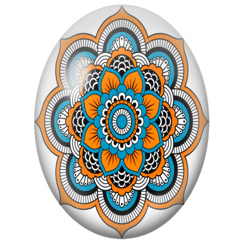 Cabochon en Verre Illustré Mandala Floral Orange, Bleu et Noir 13x18, 18x25 ou 30x40mm