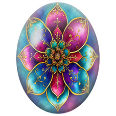 Cabochon en Verre Illustré Mandala Floral Bleu, Rose et Or pour la Création de Bijoux Fantaisie - DIY
