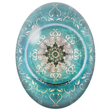 Cabochon en Verre Illustré Mandala Oriental Turquoise et Ivoire pour la Création de Bijoux Fantaisie - DIY
