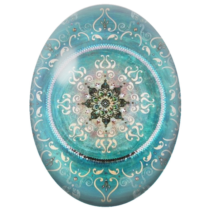 Cabochon en Verre Illustré Mandala Oriental Turquoise et Ivoire 13x18, 18x25 ou 30x40mm