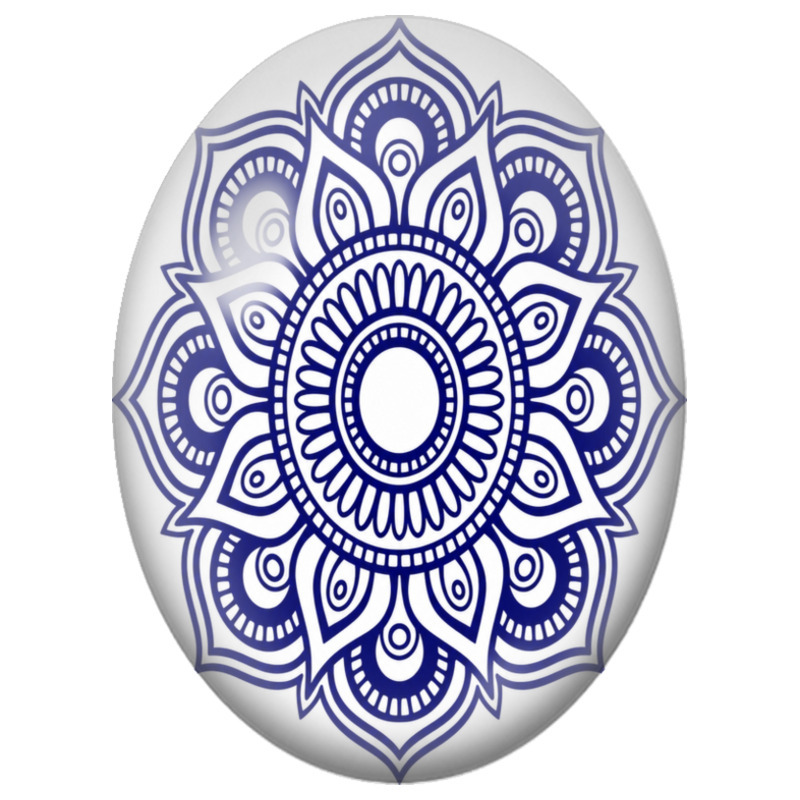 Cabochon en Verre Illustré Mandala Floral Bleu et Blanc 13x18, 18x25 ou 30x40mm