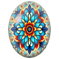 Cabochon en Verre Illustré Mandala Floral Bleu, Rouge et Or pour la Création de Bijoux Fantaisie - DIY