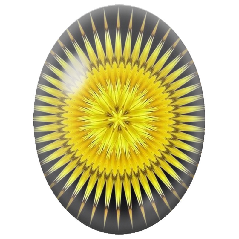 Cabochon en Verre Illustré Mandala Solaire Jaune sur Fond Noir 13x18, 18x25 ou 30x40mm