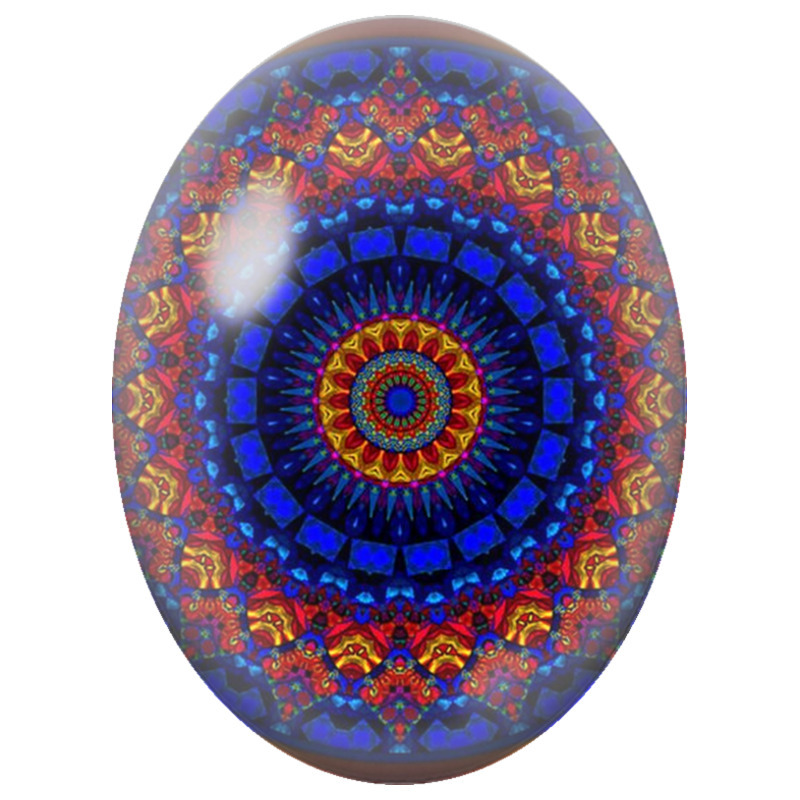 Cabochon en Verre Illustré Mandala Fractal Bleu, Rouge et Or 13x18, 18x25 ou 30x40mm