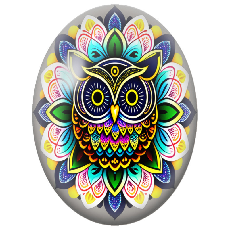 Cabochon en Verre Illustré Mandala Hibou Multicolore 13x18, 18x25 ou 30x40mm